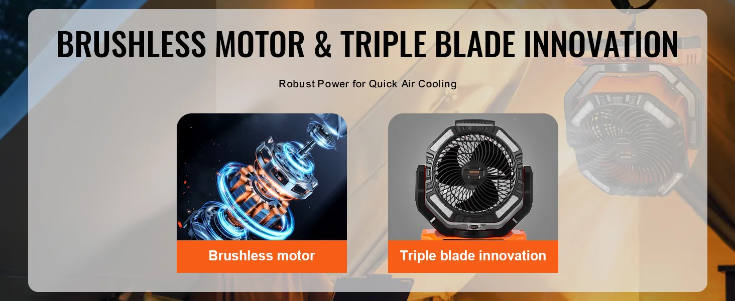 Motor sin escobillas y la innovación de triple aspa del ventilador portátil VEVOR para un rápido enfriamiento del aire.