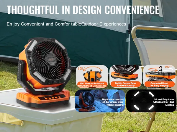 Ventilador portátil VEVOR con rotación de 360°, base segura y modo nocturno para mayor comodidad en campamentos.
