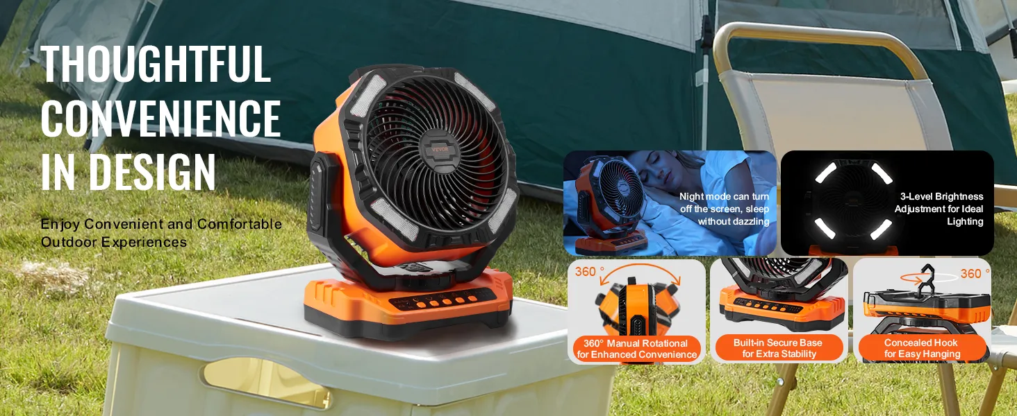 Ventilador portátil VEVOR con rotación de 360°, base segura y modo nocturno para mayor comodidad en campamentos.