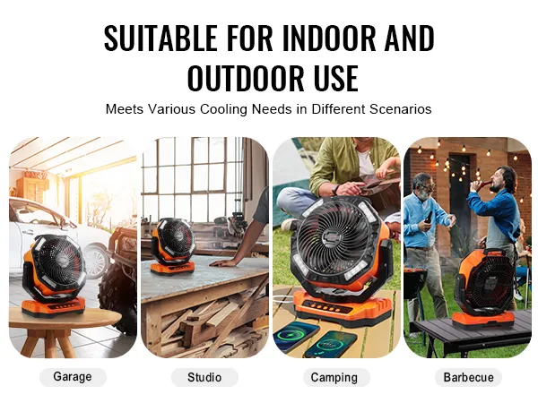 Ventilador portátil VEVOR para garaje, estudio, camping y barbacoa, adecuado para uso en interiores y exteriores.