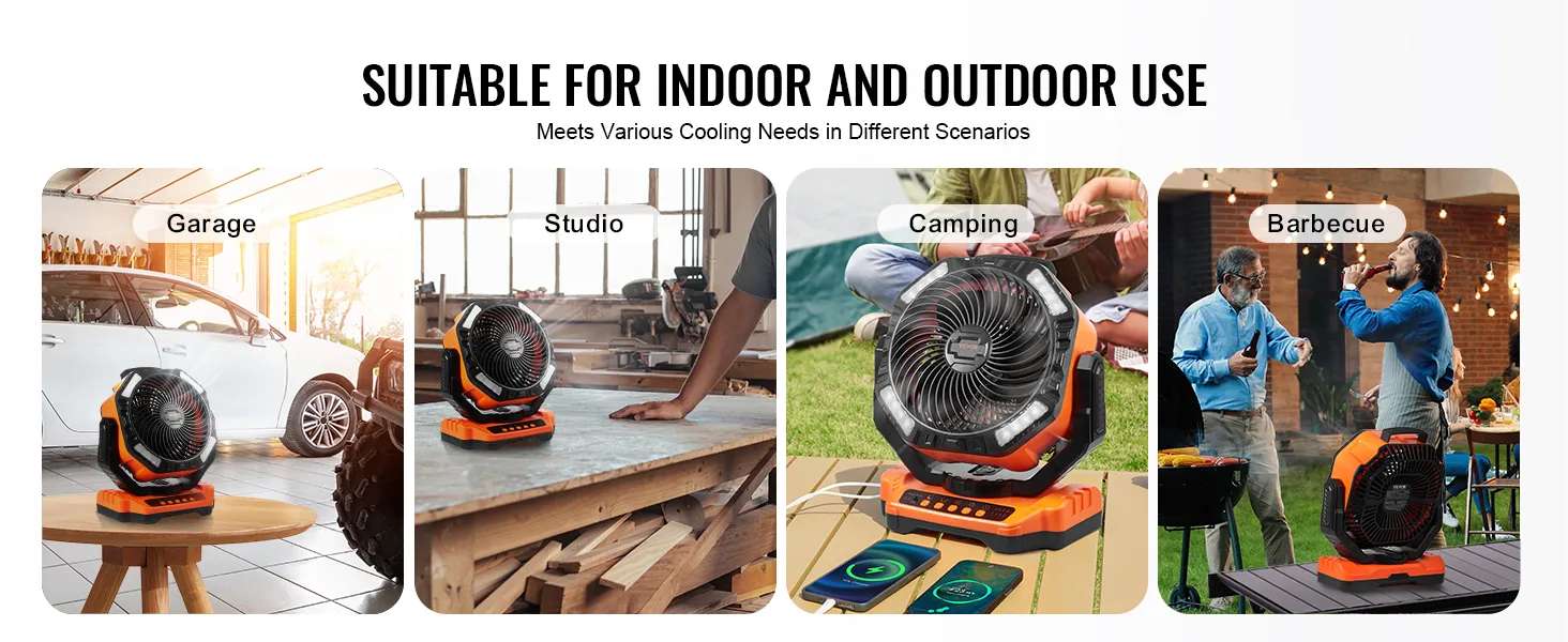 Ventilador portátil VEVOR para garaje, estudio, camping y barbacoa, adecuado para uso en interiores y exteriores.