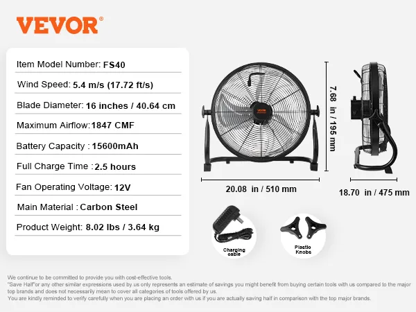 Ventilador inalámbrico VEVOR fs40 con aspas de 16 pulgadas, cable de carga, perillas de plástico y dimensiones del producto.
