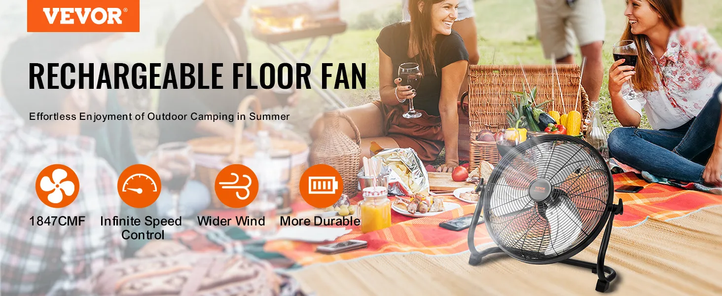 Ventilador inalámbrico VEVOR para acampar al aire libre, que muestra su función recargable, control de velocidad infinito y durabilidad.
