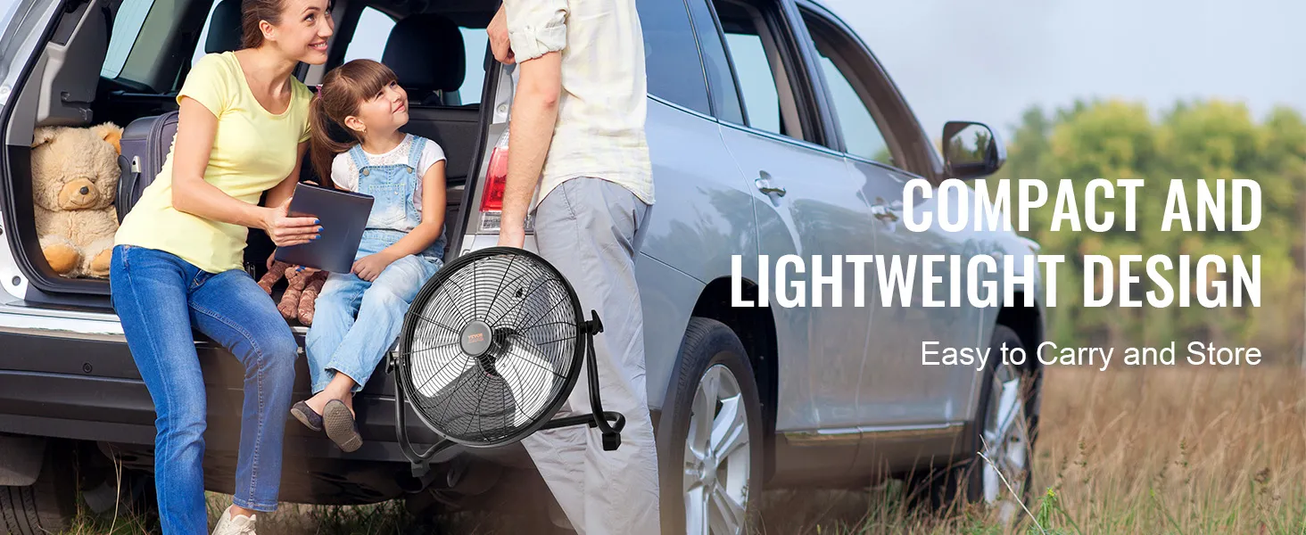 Familia preparándose para la actividad al aire libre con el ventilador inalámbrico VEVOR, que muestra su diseño compacto y liviano.