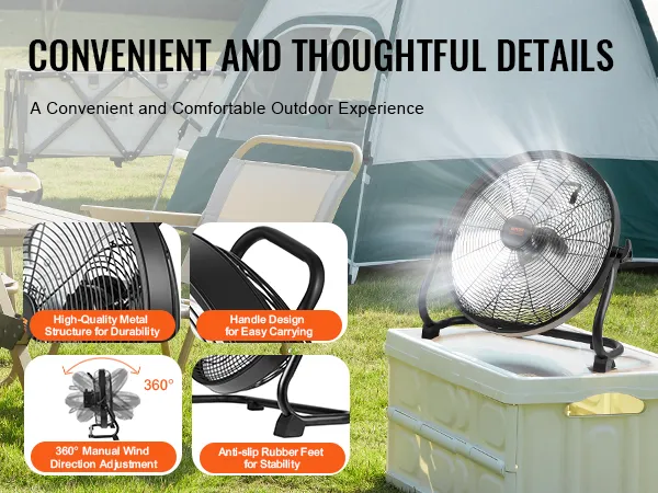 Cómodo ventilador inalámbrico VEVOR con diseño de mango, ajuste de viento de 360° y patas de goma antideslizantes.