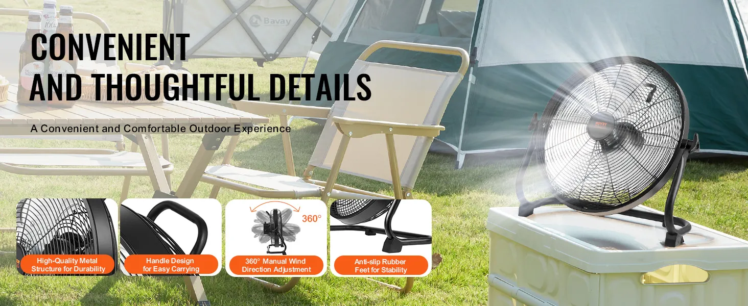 Cómodo ventilador inalámbrico VEVOR con diseño de mango, ajuste de viento de 360° y patas de goma antideslizantes.