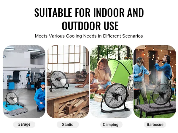 Ventilador inalámbrico VEVOR para garaje, estudio, camping y barbacoa, ideal para uso en interiores y exteriores.