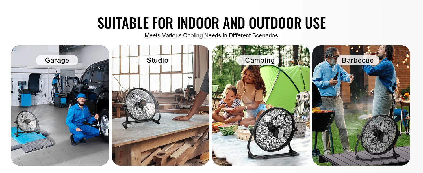 Ventilador inalámbrico VEVOR para garaje, estudio, camping y barbacoa, ideal para uso en interiores y exteriores.