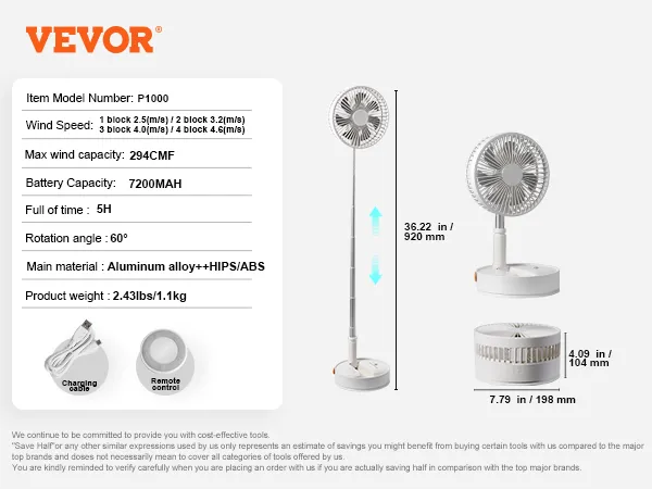 VEVOR foldable oscillating fan with adjustable height, multi-speed settings, 7200mah battery.