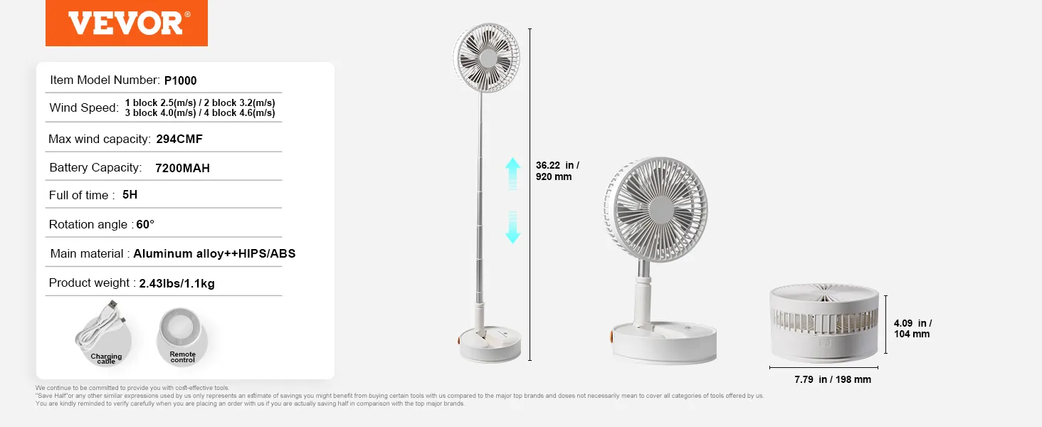 VEVOR foldable oscillating fan with adjustable height, multi-speed settings, 7200mah battery.