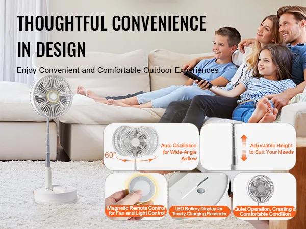VEVOR foldable oscillating fan: adjustable height, auto oscillation, magnetic remote, led display, quiet.