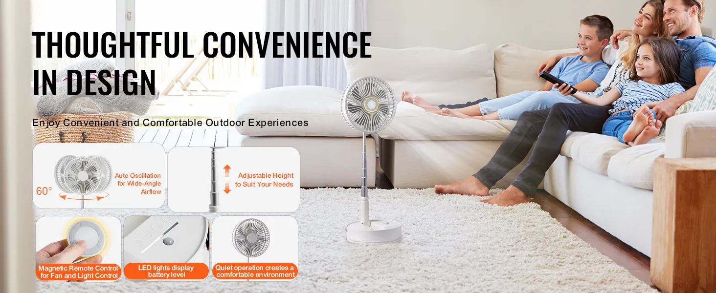 VEVOR foldable oscillating fan: adjustable height, auto oscillation, magnetic remote, led display, quiet.