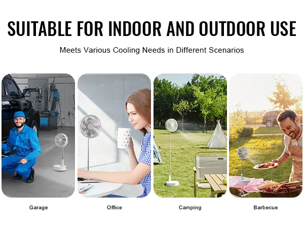 VEVOR foldable oscillating fan used in a garage, office, camping, and barbecue setup.