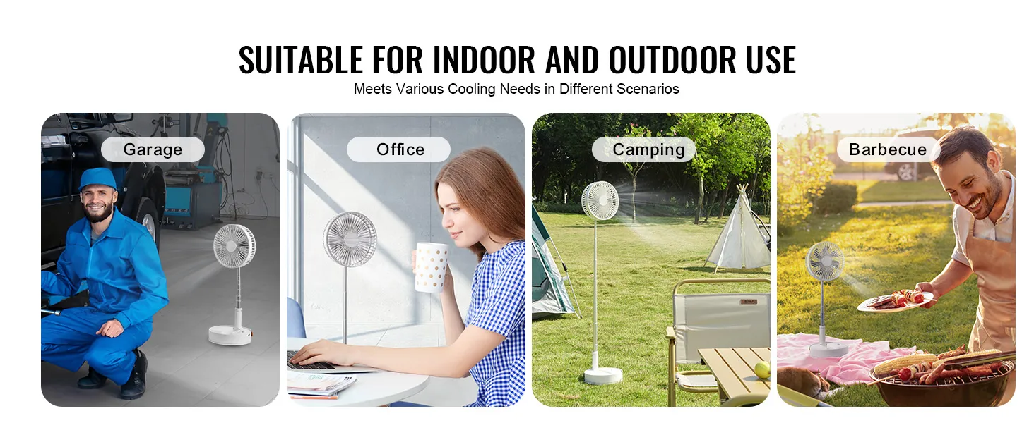 VEVOR foldable oscillating fan used in a garage, office, camping, and barbecue setup.