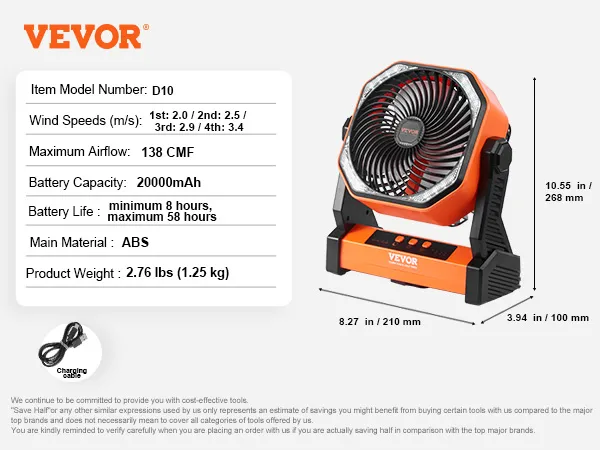 VEVOR portable fan, model d10, 20000mah battery, abs material, 4 speeds, 138 cfm, 2.76 lbs, orange-black.