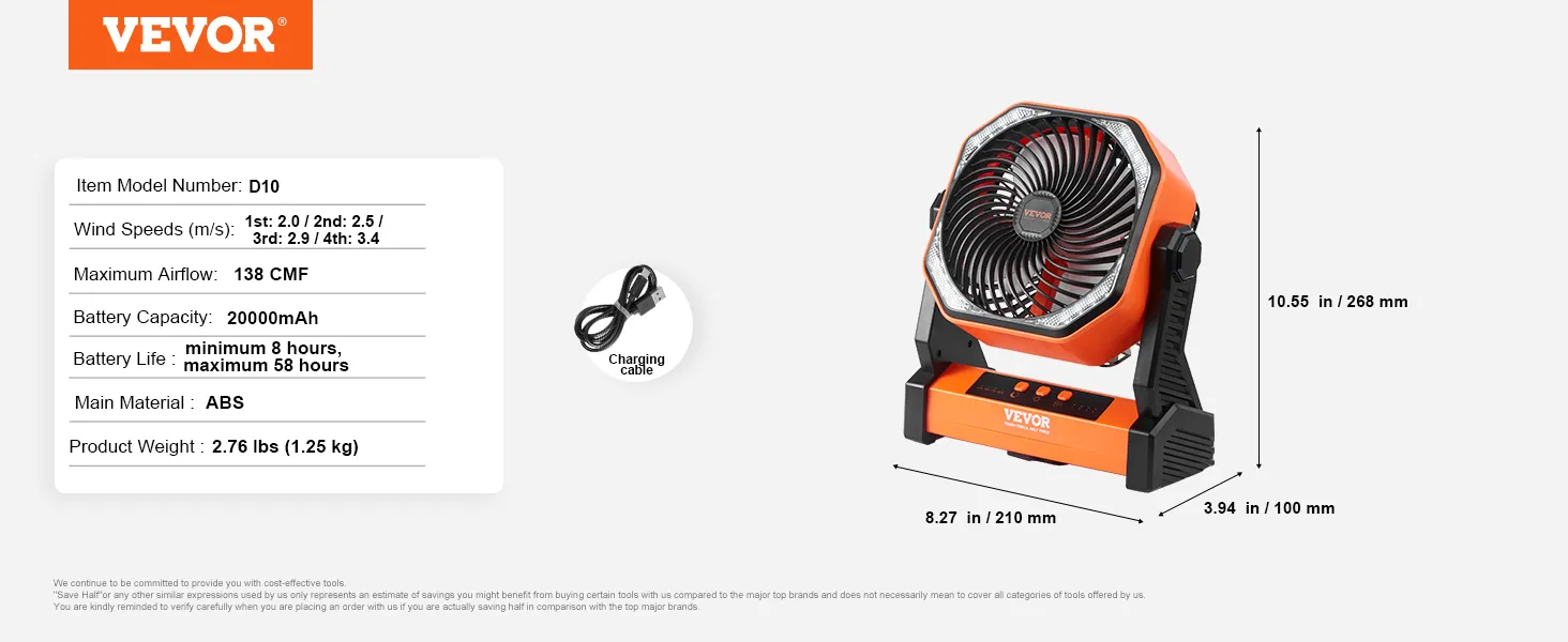 VEVOR portable fan, model d10, 20000mah battery, abs material, 4 speeds, 138 cfm, 2.76 lbs, orange-black.
