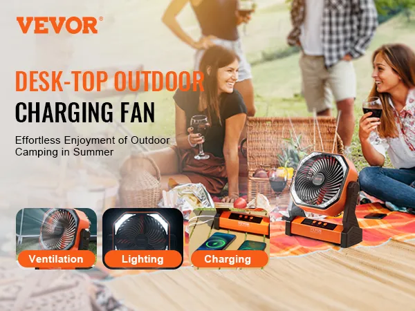 VEVOR portable fan showcased during outdoor camping with people enjoying a picnic.