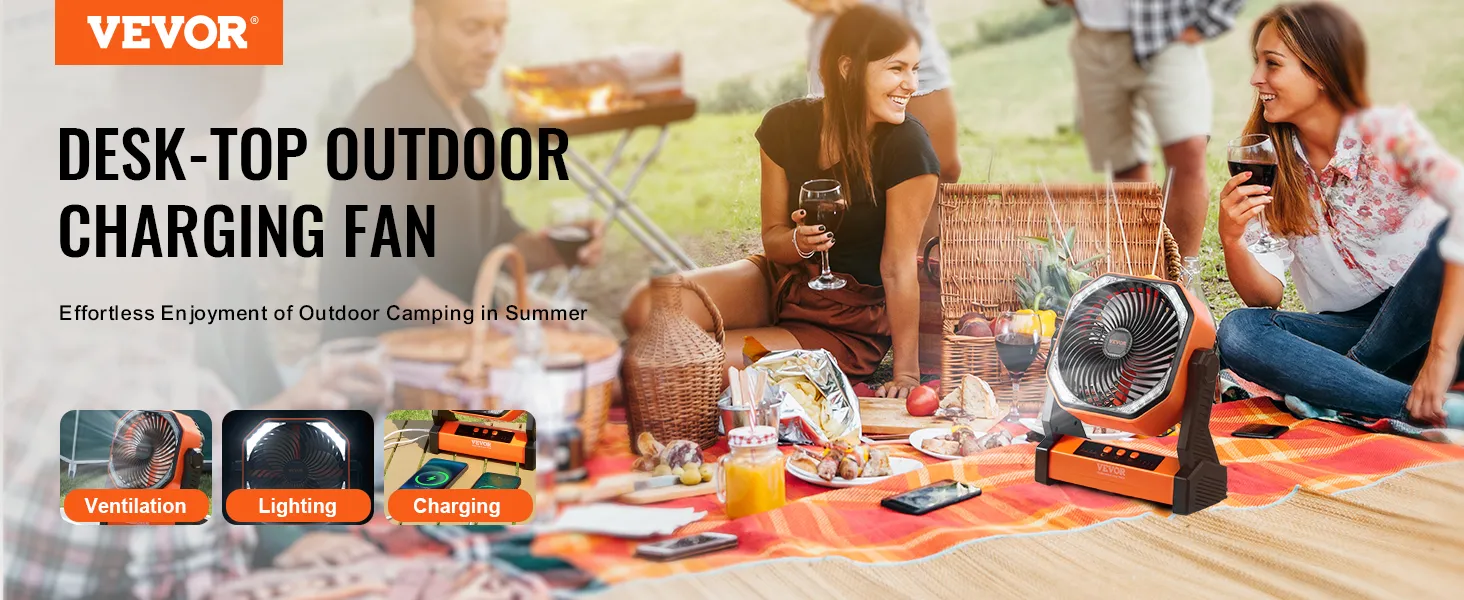 VEVOR portable fan showcased during outdoor camping with people enjoying a picnic.