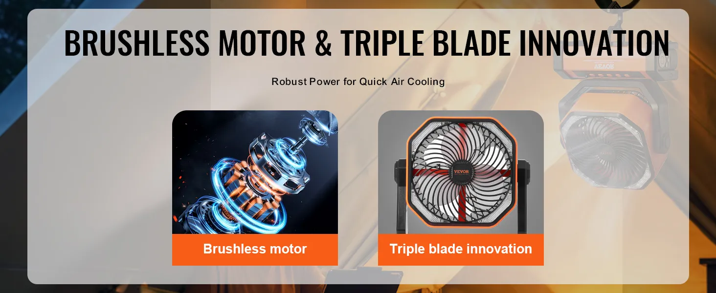 brushless motor and triple blade innovation of the VEVOR portable fan for quick air cooling.