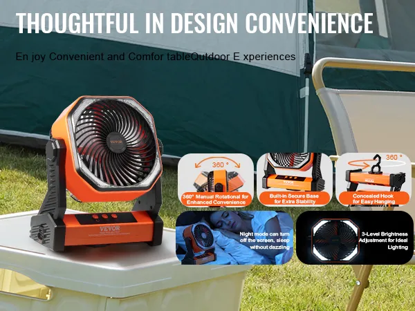 VEVOR portable fan on a table with tent, showcasing 360° rotation, built-in secure base, and night mode.