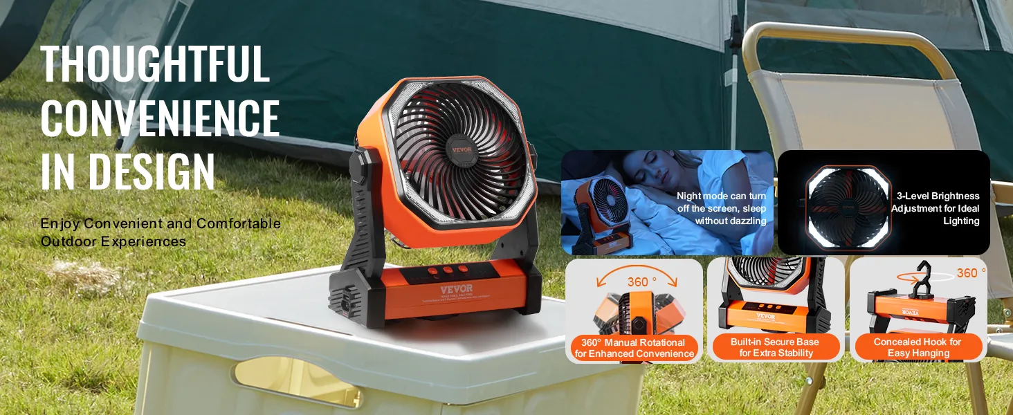 VEVOR portable fan on a table with tent, showcasing 360° rotation, built-in secure base, and night mode.