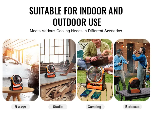 VEVOR portable fan in various settings: garage, studio, camping, and barbecue areas.