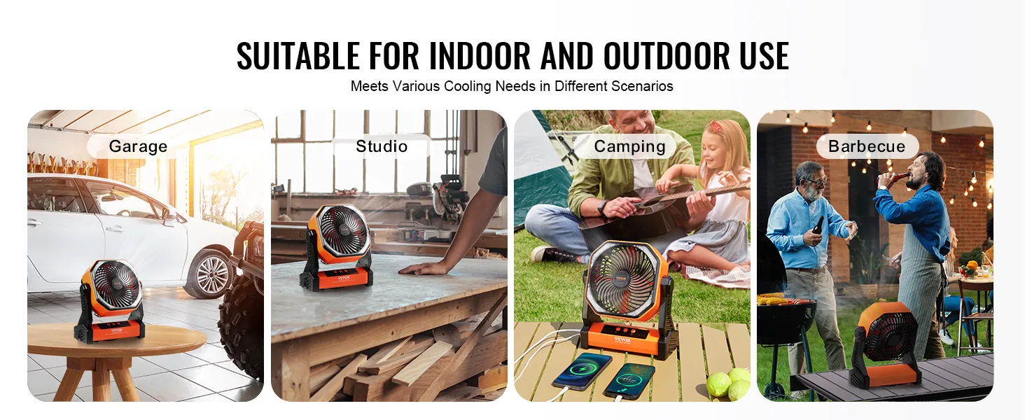 VEVOR portable fan in various settings: garage, studio, camping, and barbecue areas.