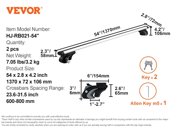 VEVOR roof rack cross bars specifications with dimensions, weight, keys, and allen key m5.
