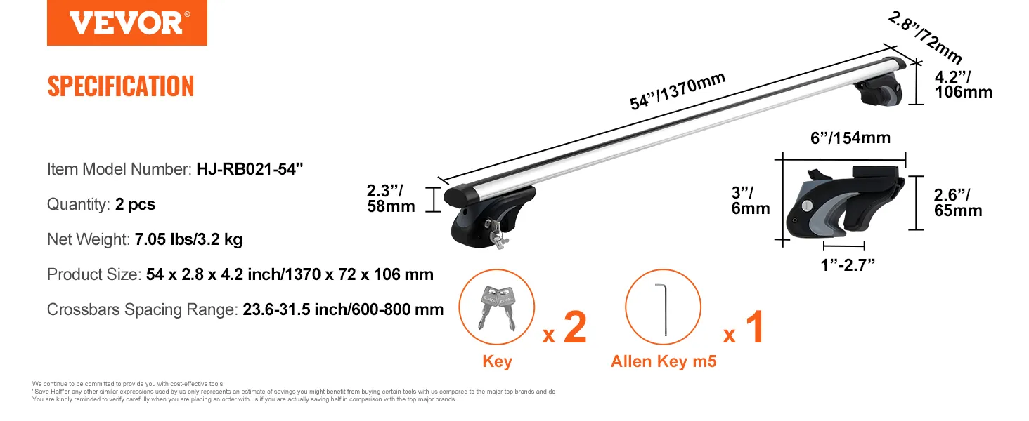 VEVOR roof rack cross bars specifications with dimensions, weight, keys, and allen key m5.