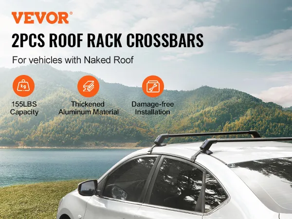 2 barras transversales de portaequipajes universales para un automóvil junto a un lago, con montañas al fondo.