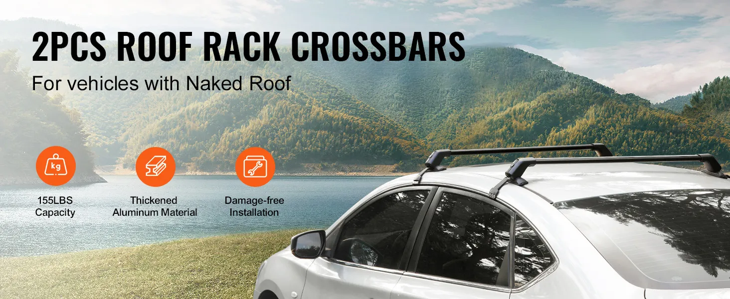 2 barras transversales de portaequipajes universales para un automóvil junto a un lago, con montañas al fondo.