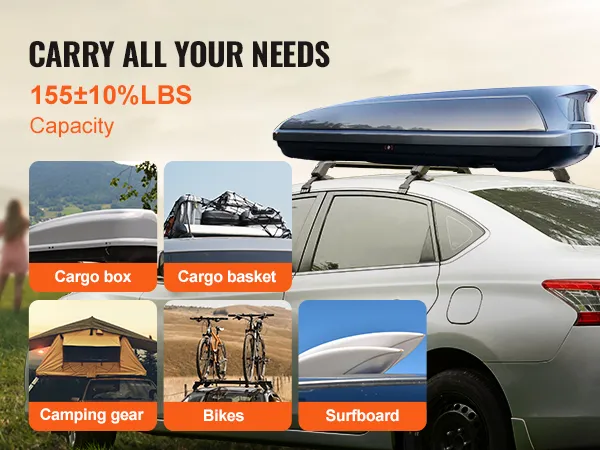 Coche con portaequipajes en el techo, con caja de carga, destacando las barras transversales del portaequipajes VEVOR, ideal para equipo de acampada.