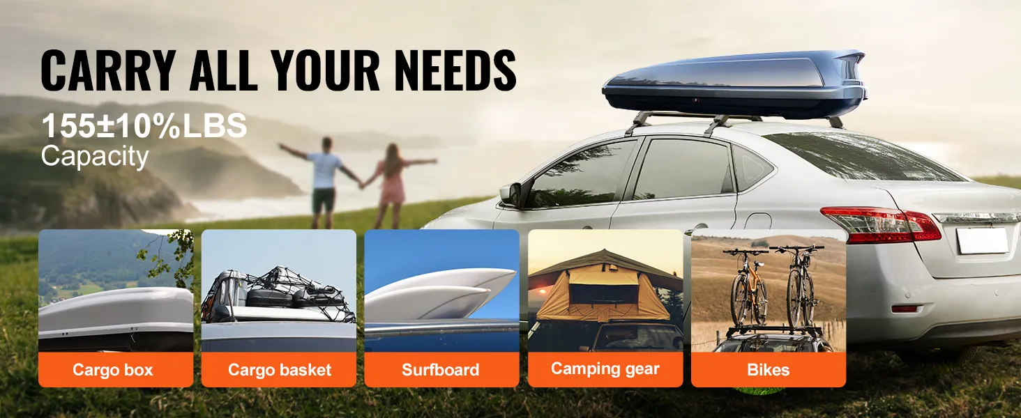 Coche con portaequipajes en el techo, con caja de carga, destacando las barras transversales del portaequipajes VEVOR, ideal para equipo de acampada.