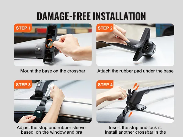 Guía de instalación de barras transversales de techo VEVOR que muestra los pasos para montarlas, fijarlas, ajustarlas y bloquearlas.