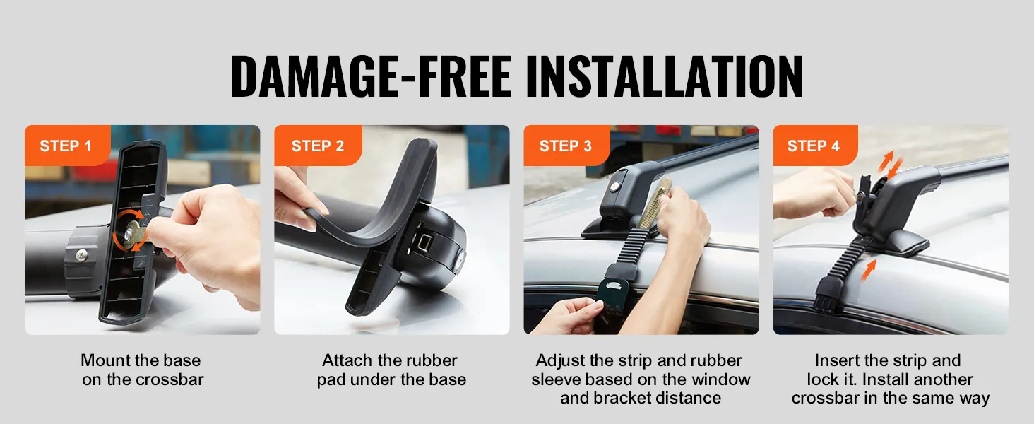 Guía de instalación de barras transversales de techo VEVOR que muestra los pasos para montarlas, fijarlas, ajustarlas y bloquearlas.