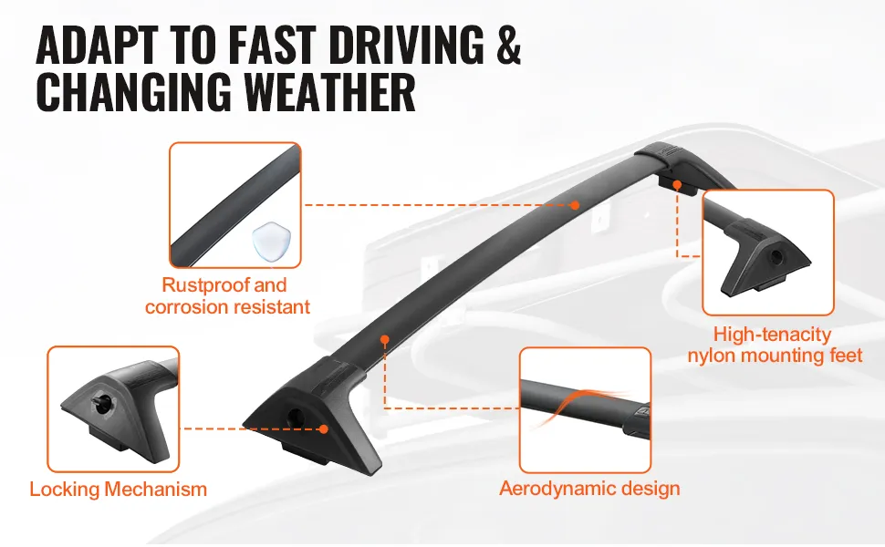 Barre trasversali portapacchi VEVOR antiruggine e anticorrosione, design aerodinamico e robusti piedini in nylon.