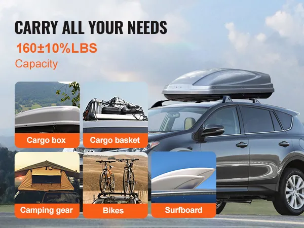 SUV con barre trasversali portapacchi VEVOR per il trasporto di box, cestino, tavola da surf, attrezzatura da campeggio e biciclette.