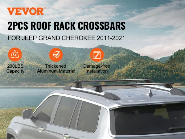 Barre trasversali portapacchi VEVOR per Jeep Grand Cherokee 2011-2021, capacità 200 libbre, alluminio, facile da installare.