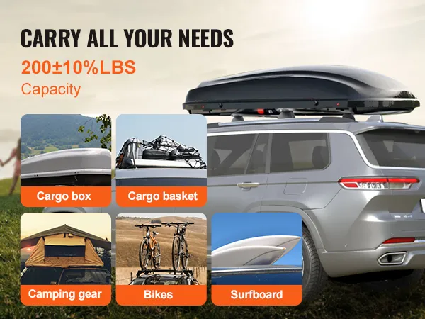 SUV con barre trasversali portapacchi VEVOR per il trasporto di box, cestino, tavola da surf, attrezzatura da campeggio e biciclette.