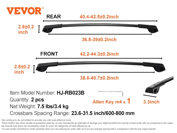 Specificaties voor VEVOR dakdragers: model hj-rb023b, 2 stuks, nettogewicht 3,4 kg, afstand 59-79 cm.