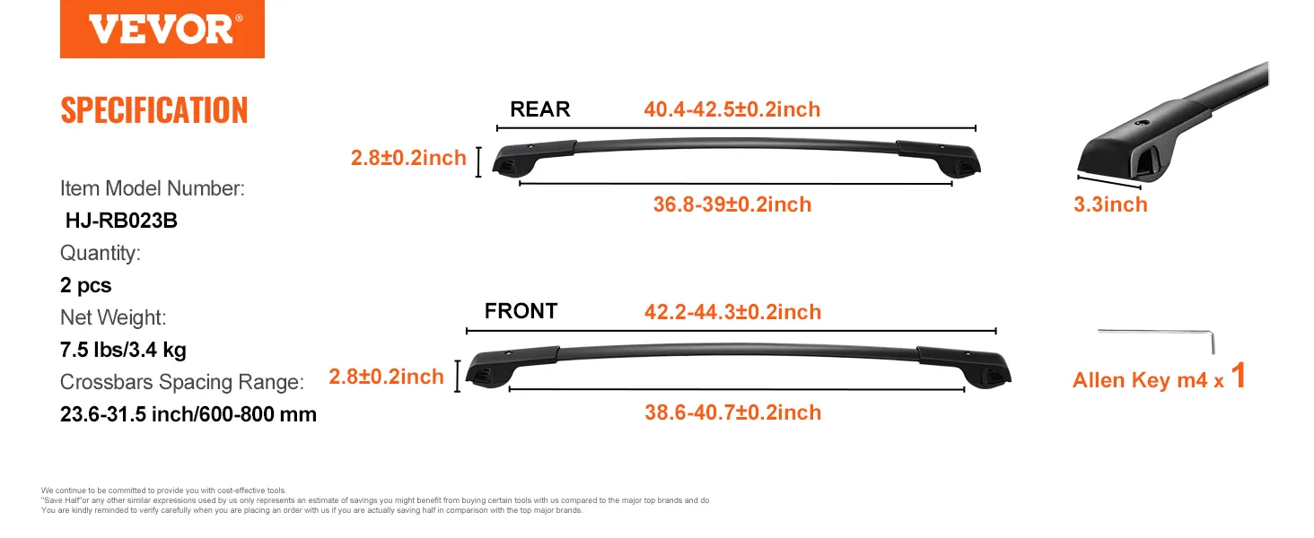 Specificaties voor VEVOR dakdragers: model hj-rb023b, 2 stuks, nettogewicht 3,4 kg, afstand 59-79 cm.