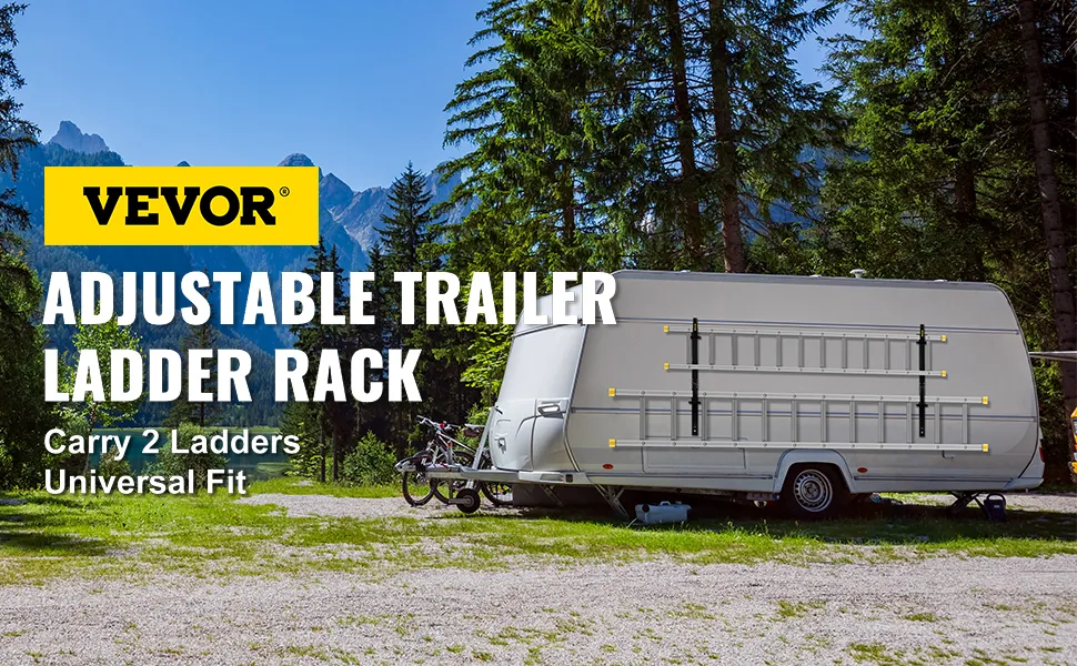 Portaescaleras para remolque VEVOR en un remolque blanco estacionado en un claro pintoresco del bosque.