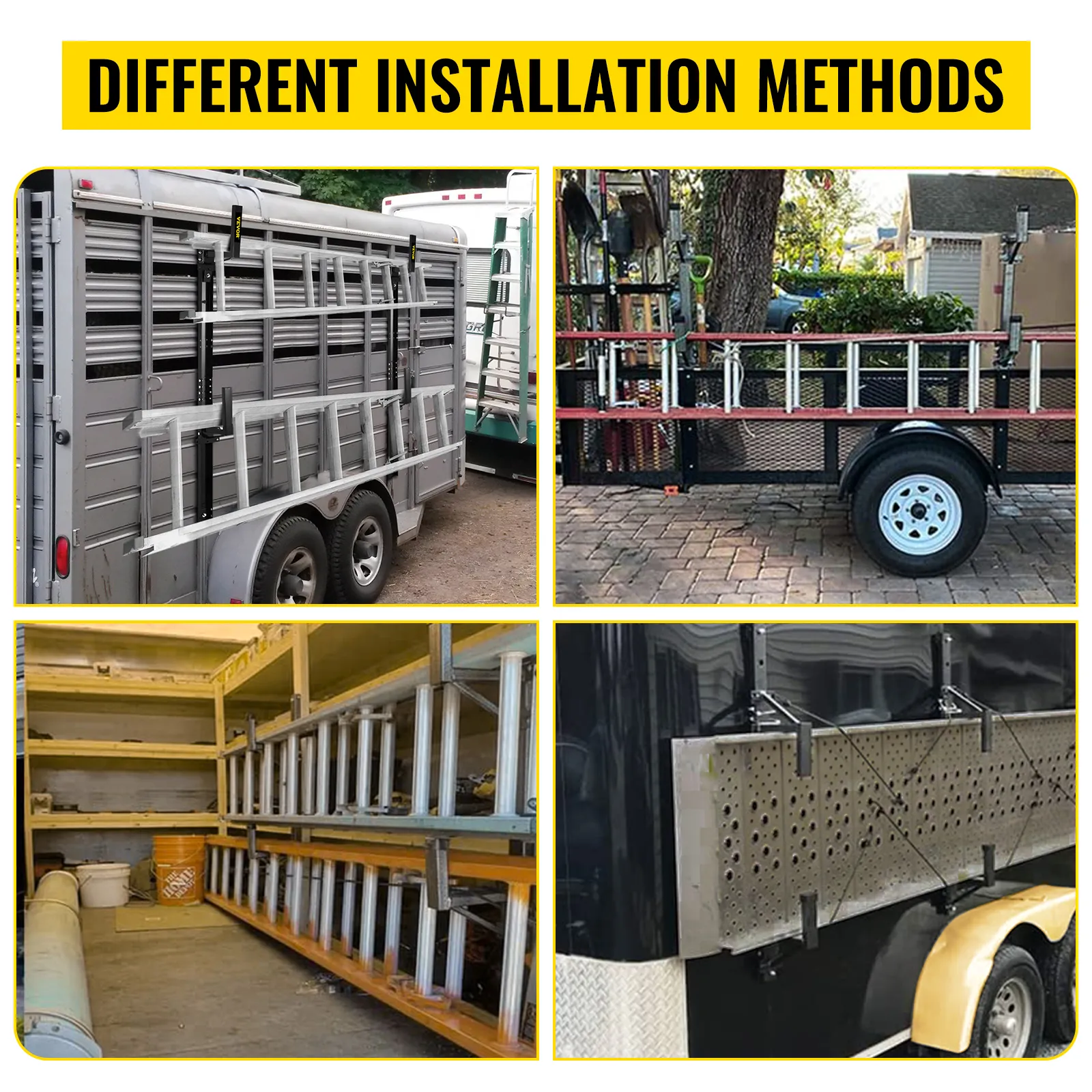 Diferentes métodos de instalación para el portaescaleras de remolque VEVOR en varios remolques.