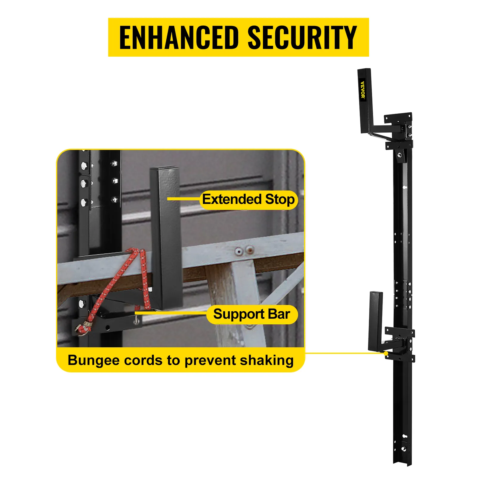 Portaescaleras para remolque VEVOR con barra de soporte, tope extendido y cuerdas elásticas para mayor seguridad.