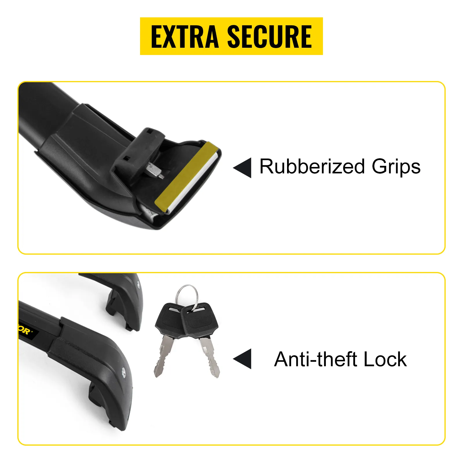 Barras transversales VEVOR para techo de Hyundai Tucson con empuñaduras de goma y cerradura antirrobo.