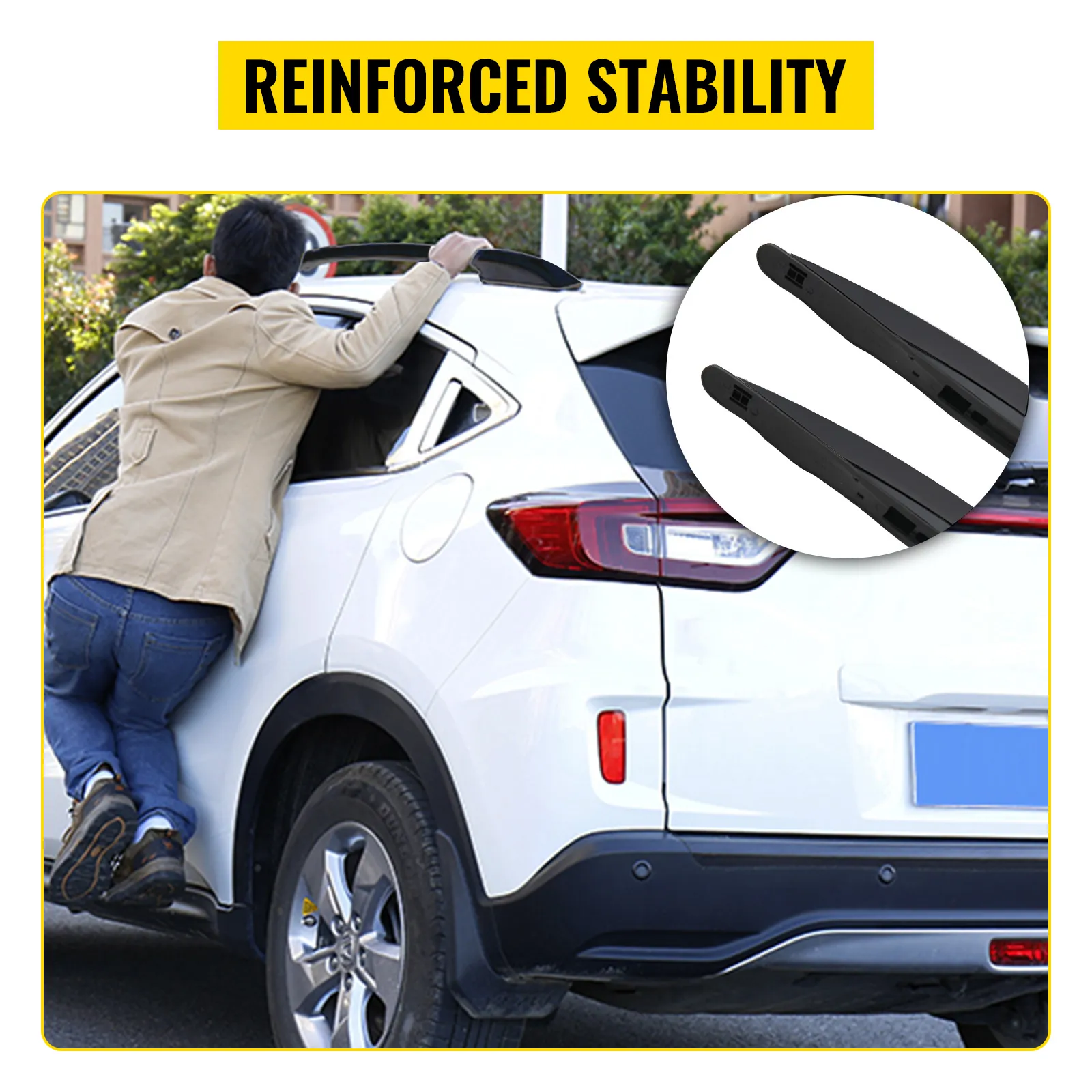 man accessing white suv with VEVOR roof rack mazda cx-5, highlighting reinforced stability.