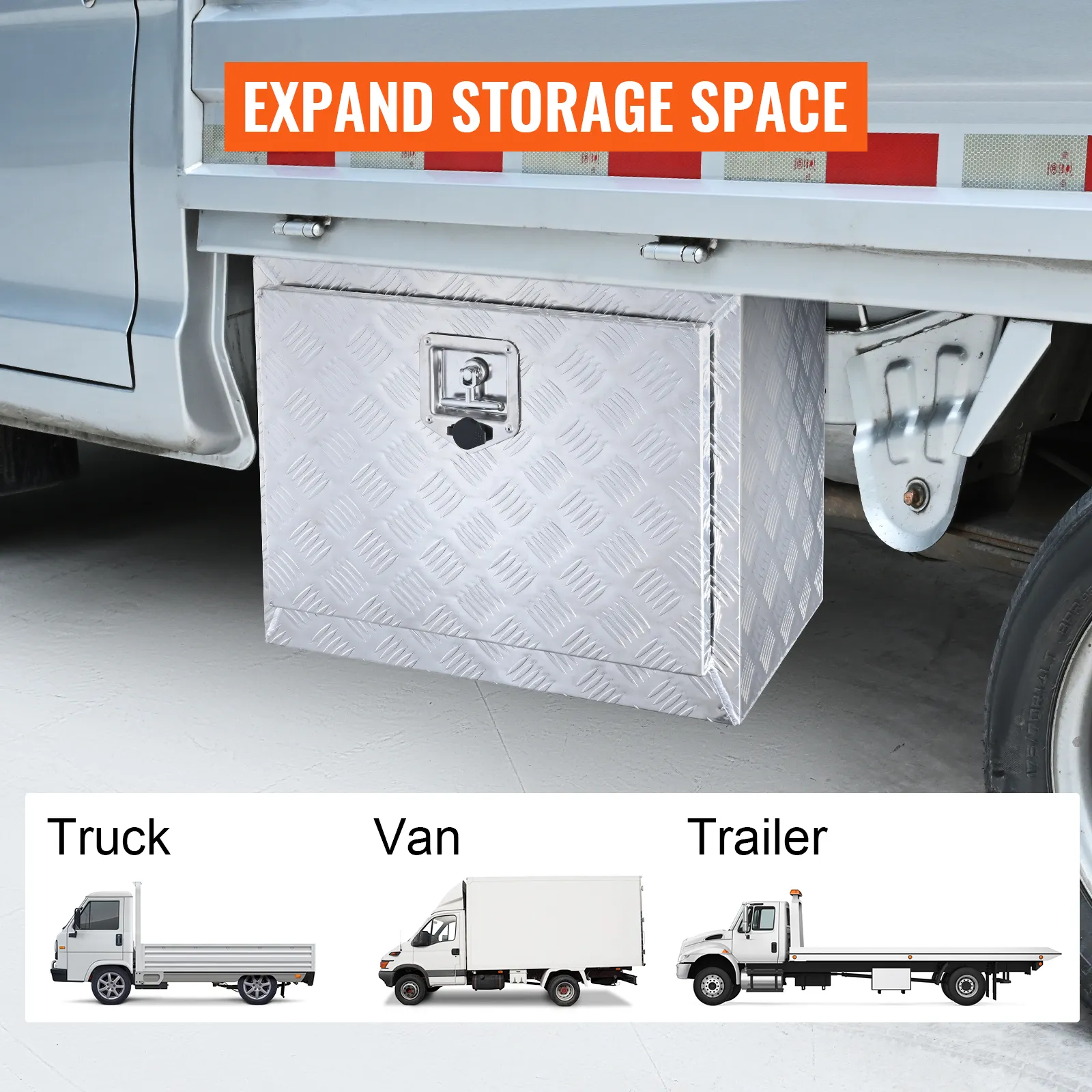 VEVOR underbody truck box mounted on a truck with "expand storage space" text. suitable for trucks, vans, trailers.
