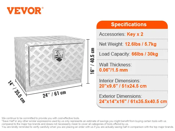 VEVOR underbody truck box 24"x14"x16" with specifications: 12.6 lbs, 66 lbs capacity, 0.06" wall thickness.
