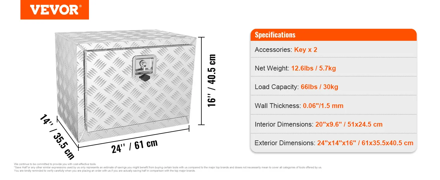 VEVOR underbody truck box 24"x14"x16" with specifications: 12.6 lbs, 66 lbs capacity, 0.06" wall thickness.