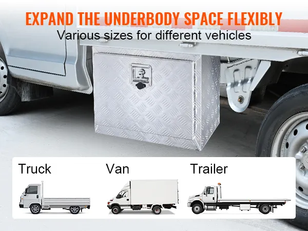 VEVOR underbody truck box for flexible storage under various vehicles including trucks, vans, and trailers.
